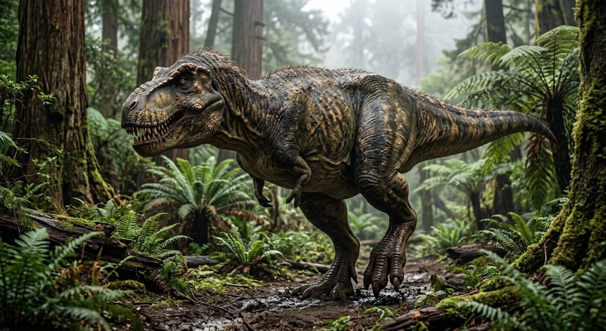 Illustration: Tyrannosaurus rex in seinem Lebensraum.