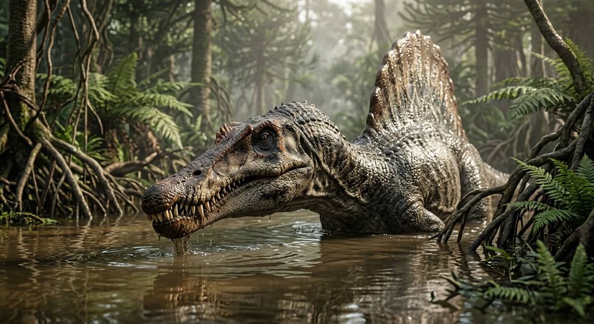 Illustration: Spinosaurus in seinem Lebensraum.