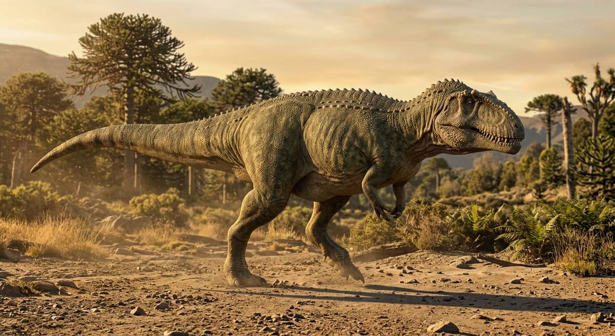 Illustration: Giganotosaurus in seinem Lebensraum.