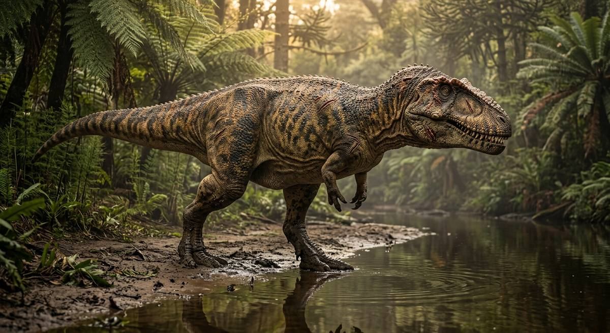 Illustration: Carcharodontosaurus in seinem Lebensraum.
