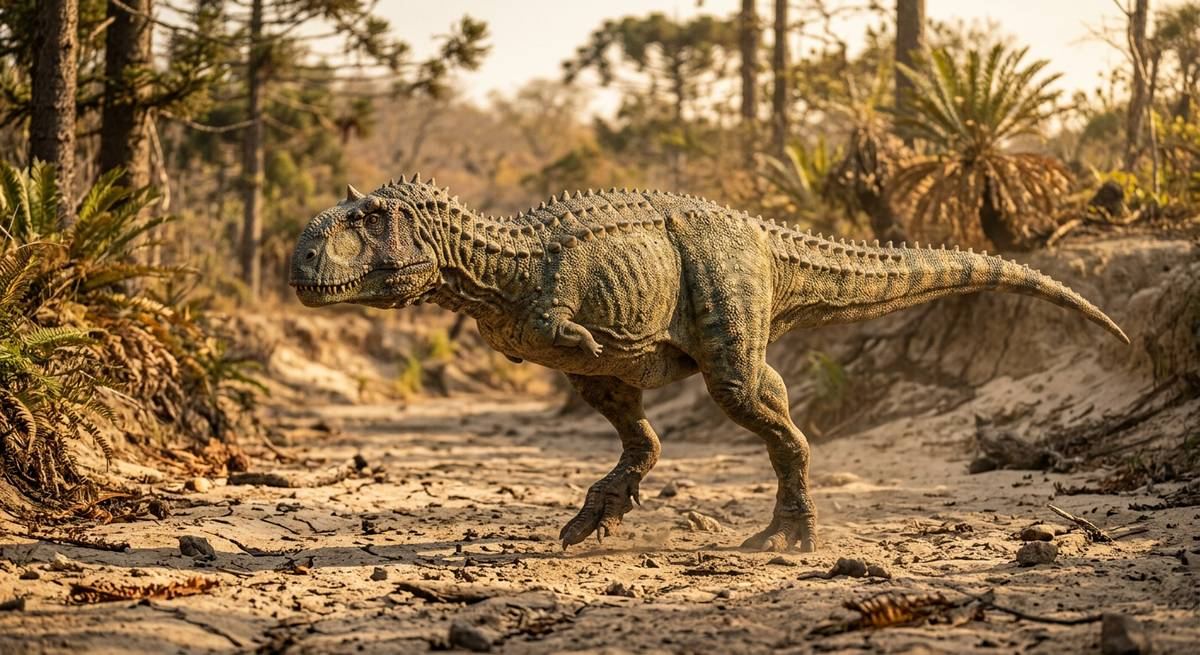 Illustration: Majungasaurus in seinem Lebensraum.