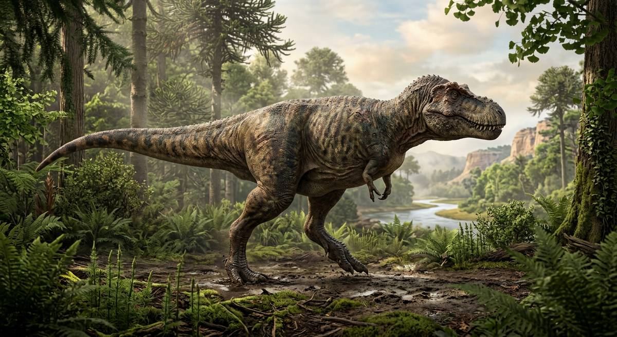 Illustration: Tarbosaurus in seinem Lebensraum.