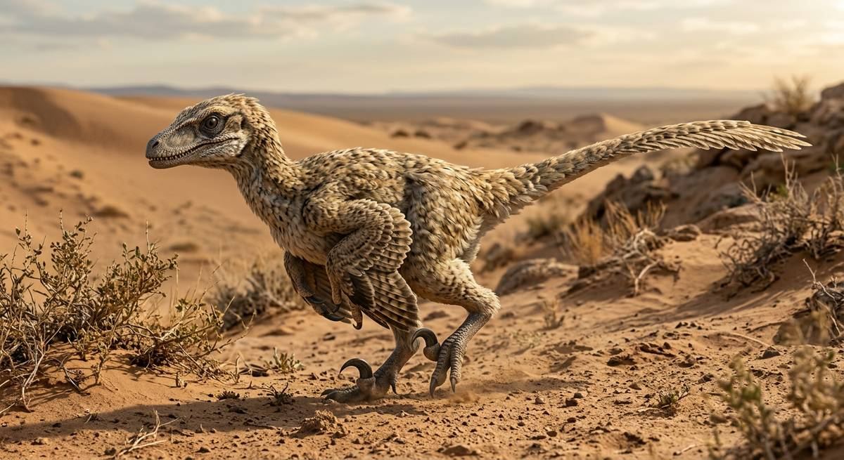 Illustration: Velociraptor in seinem Lebensraum.
