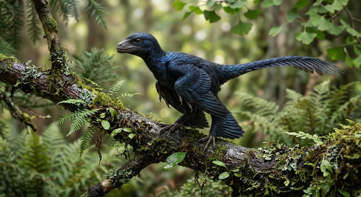 Illustration: Microraptor in seinem Lebensraum.