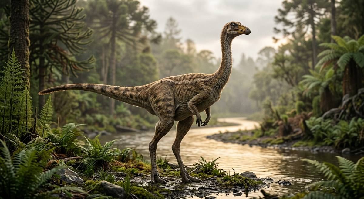 Illustration: Gallimimus in seinem Lebensraum.
