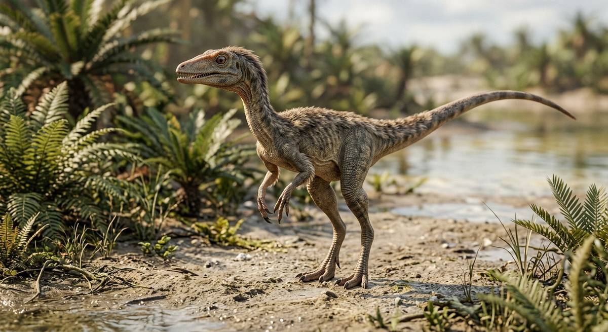 Illustration: Compsognathus in seinem Lebensraum.