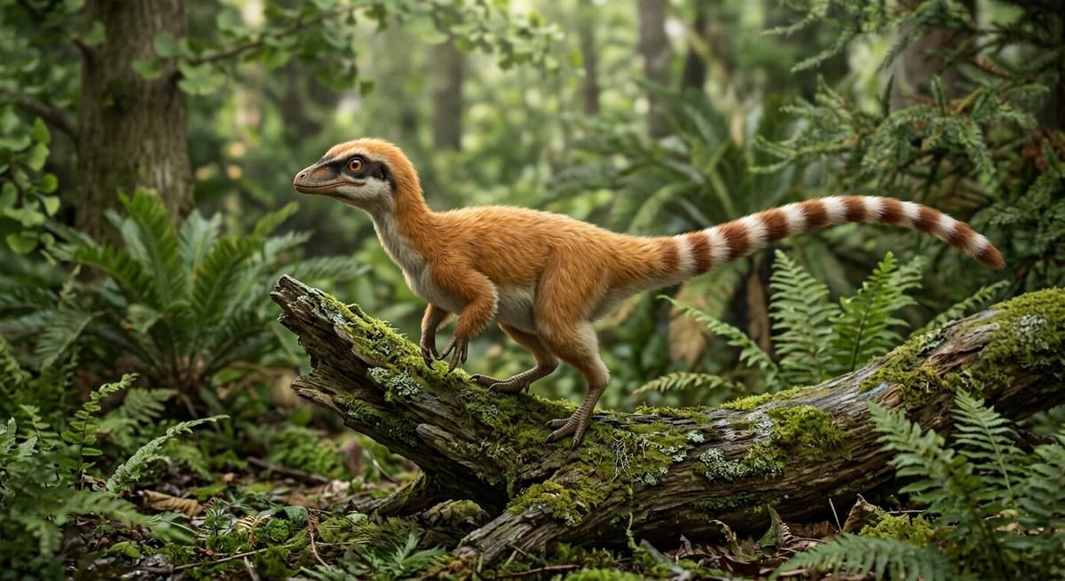 Illustration: Sinosauropteryx in seinem Lebensraum.
