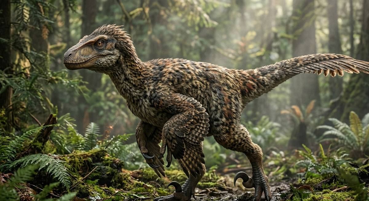 Illustration: Utahraptor in seinem Lebensraum.