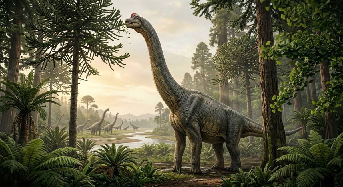 Illustration: Brachiosaurus in seinem Lebensraum.