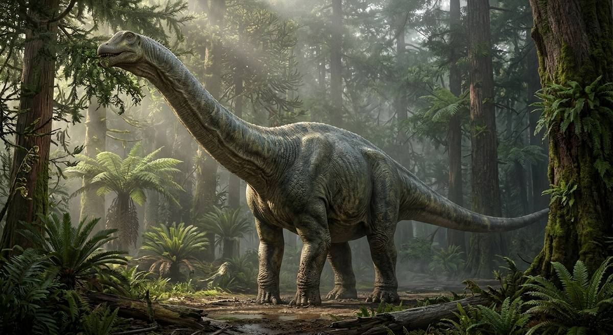 Illustration: Apatosaurus in seinem Lebensraum.