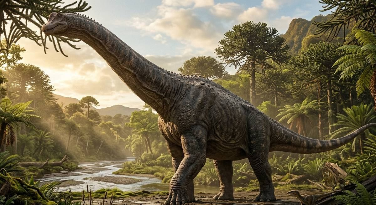 Illustration: Dreadnoughtus in seinem Lebensraum.