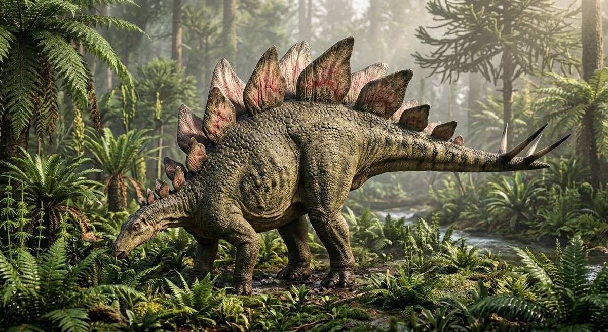 Illustration: Stegosaurus in seinem Lebensraum.