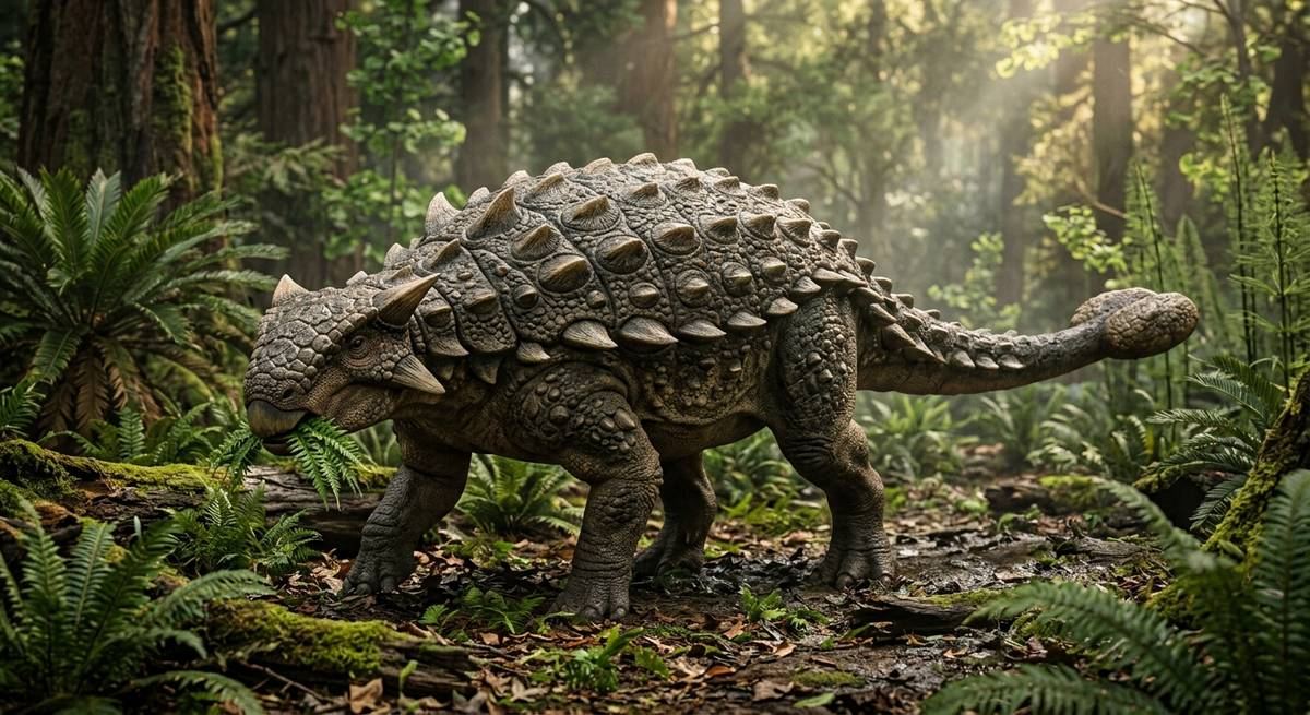 Illustration: Ankylosaurus in seinem Lebensraum.