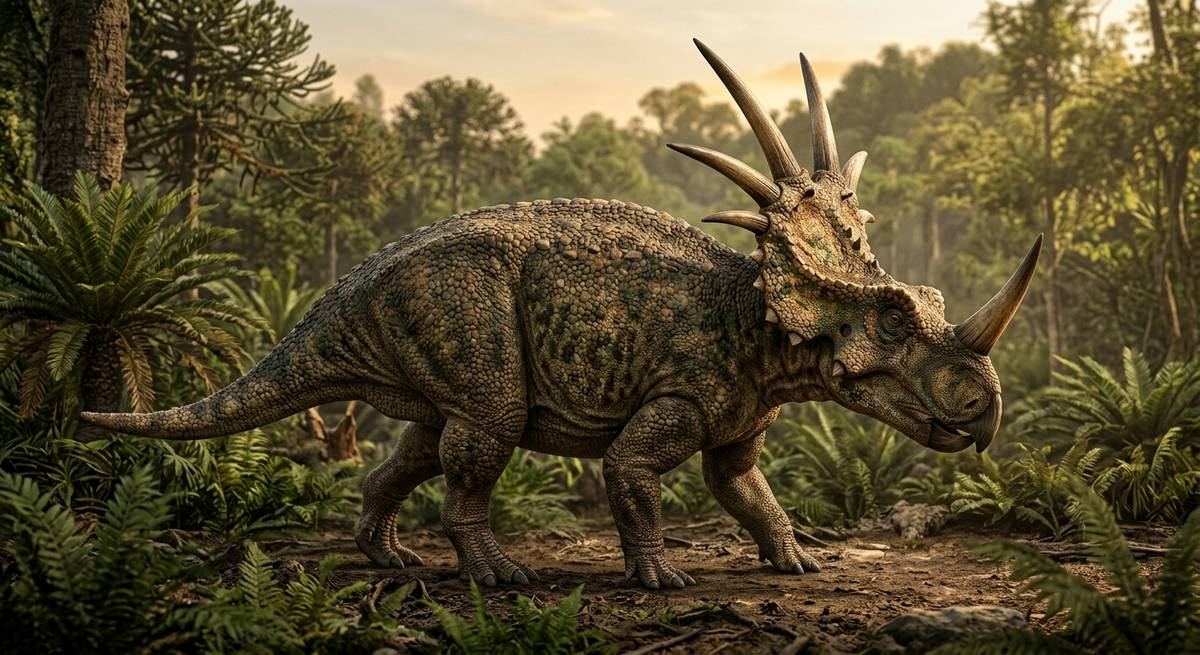 Illustration: Styracosaurus in seinem Lebensraum.