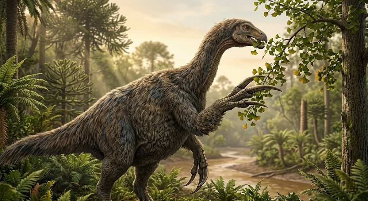 Illustration: Therizinosaurus in seinem Lebensraum.