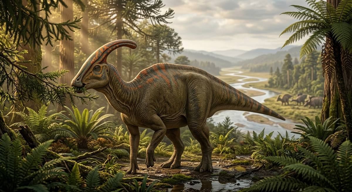 Illustration: Parasaurolophus in seinem Lebensraum.