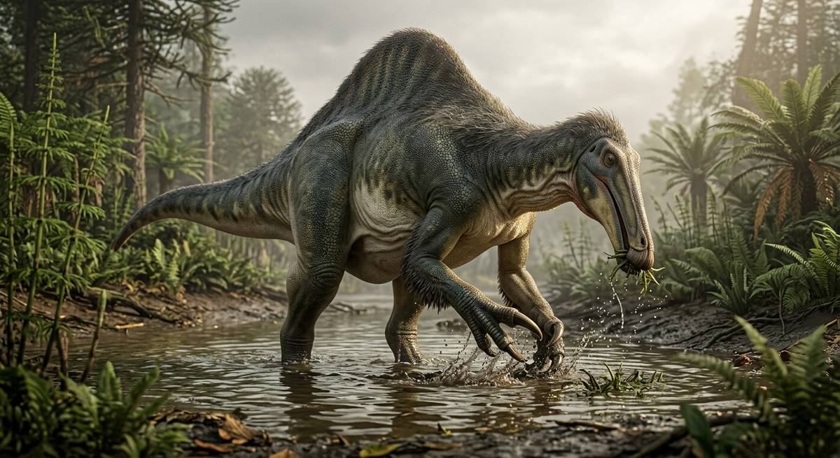 Illustration: Deinocheirus in seinem Lebensraum.