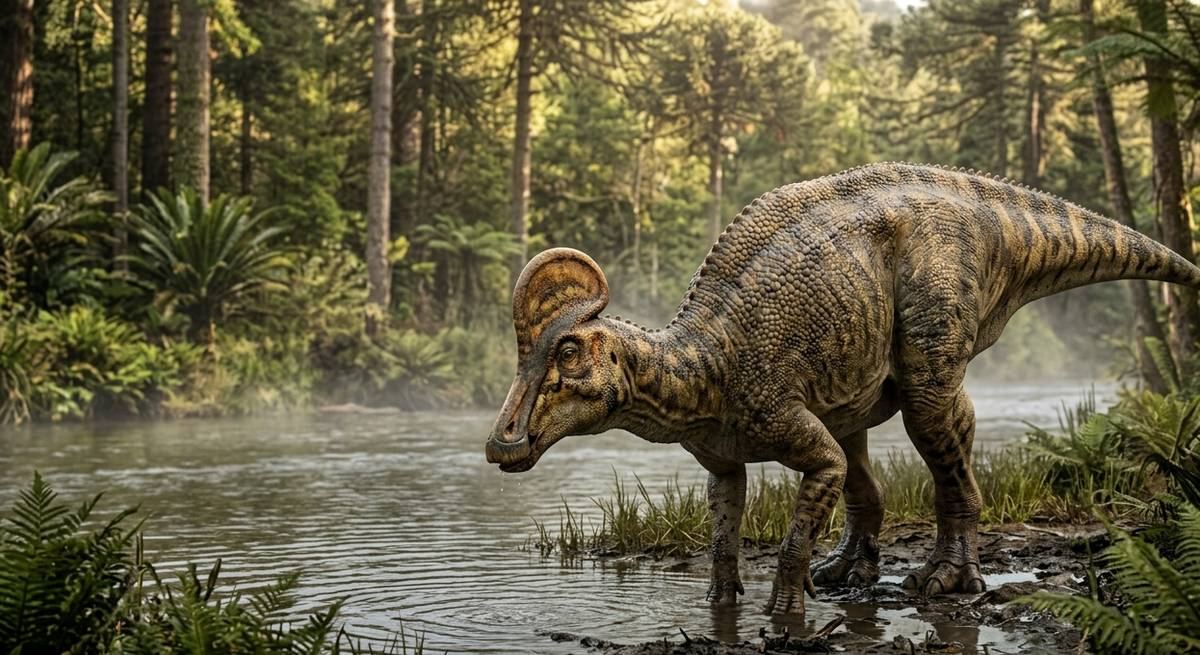 Illustration: Corythosaurus in seinem Lebensraum.