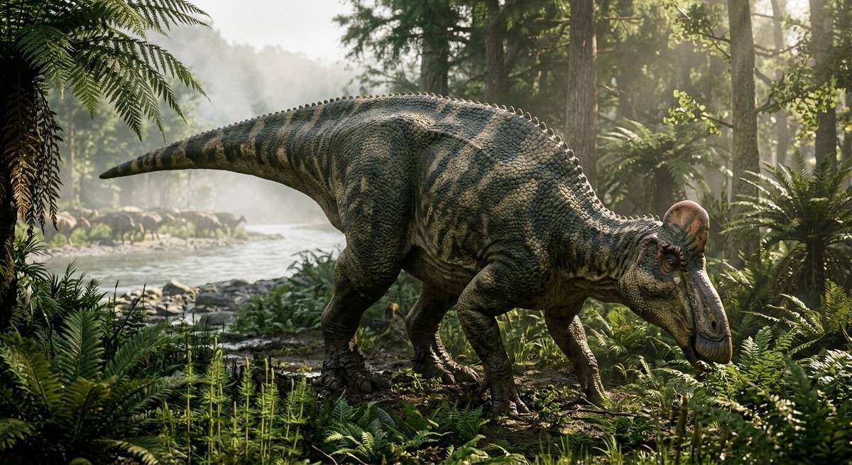 Illustration: Edmontosaurus in seinem Lebensraum.
