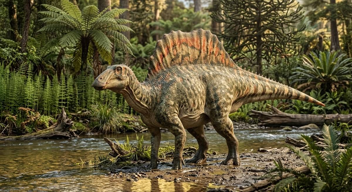 Illustration: Ouranosaurus in seinem Lebensraum.