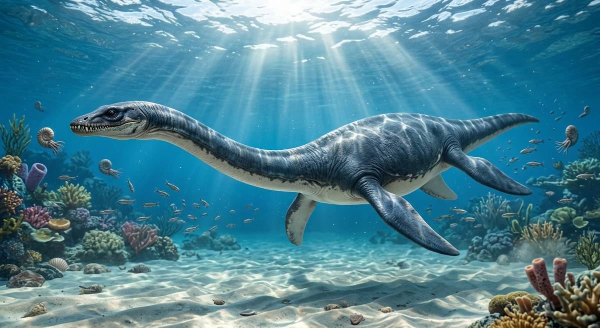 Illustration: Plesiosaurus in seinem Lebensraum.