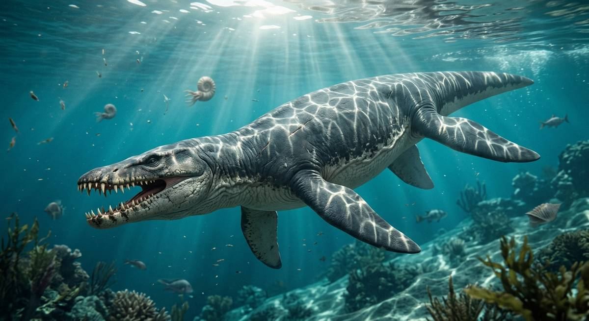 Illustration: Liopleurodon in seinem Lebensraum.