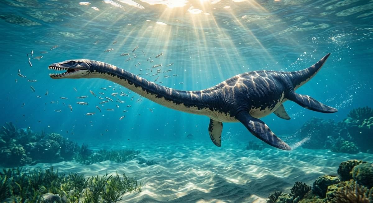 Illustration: Elasmosaurus in seinem Lebensraum.