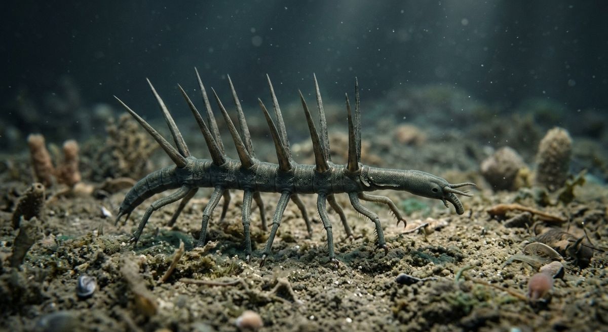 Illustration: Hallucigenia in seinem Lebensraum.