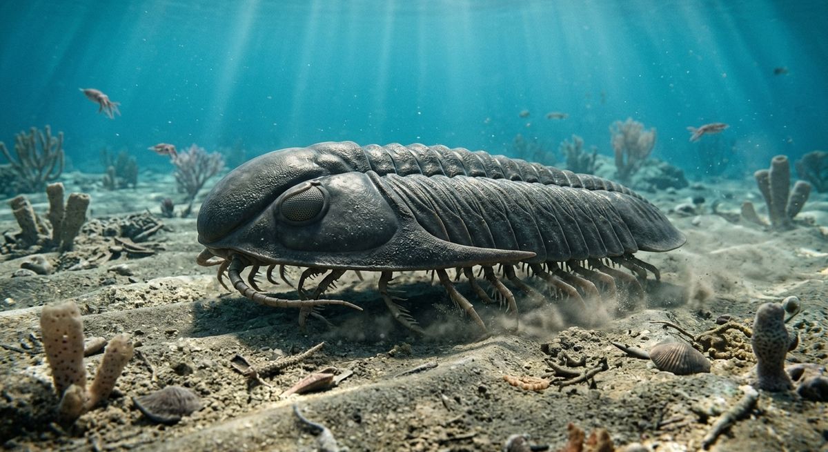 Illustration: Isotelus rex (Trilobit) in seinem Lebensraum.