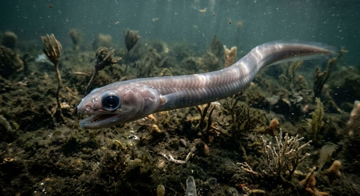 Illustration: Promissum pulchrum (Conodonten-Tier) in seinem Lebensraum.