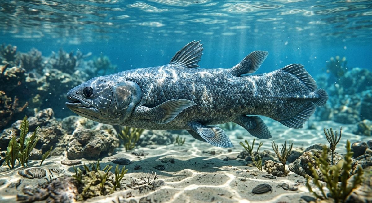 Illustration: Quastenflosser (Coelacanth) in seinem Lebensraum.
