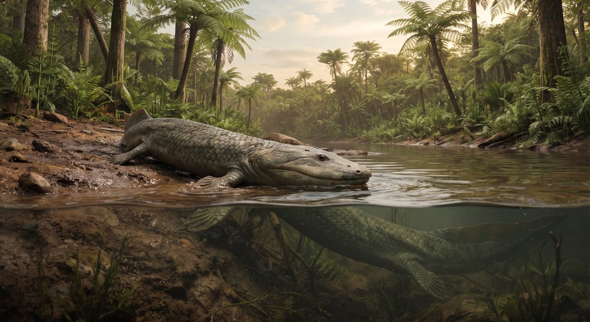 Illustration: Tiktaalik roseae in seinem Lebensraum.