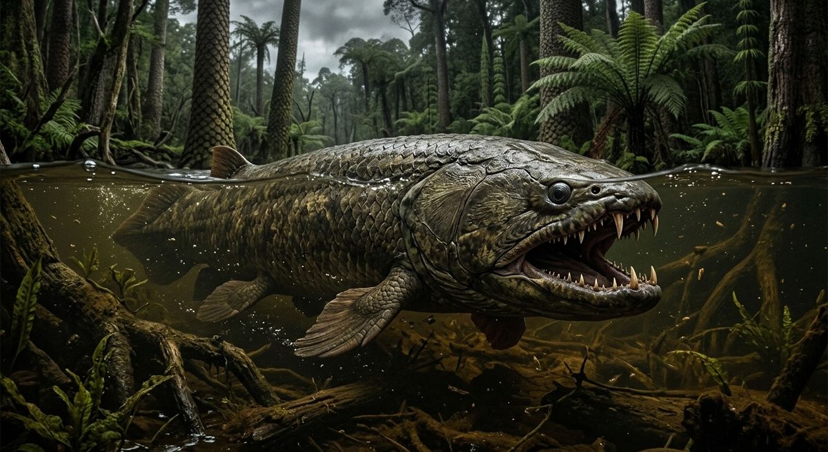 Illustration: Rhizodus hibberti in seinem Lebensraum.