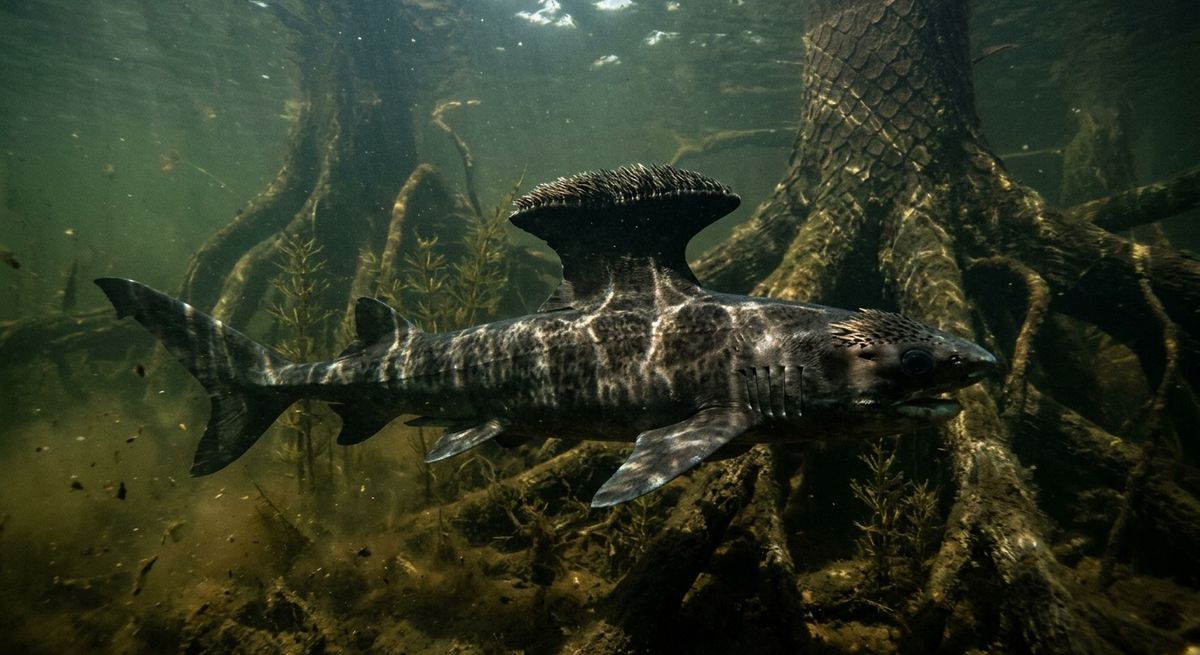 Illustration: Stethacanthus in seinem Lebensraum.