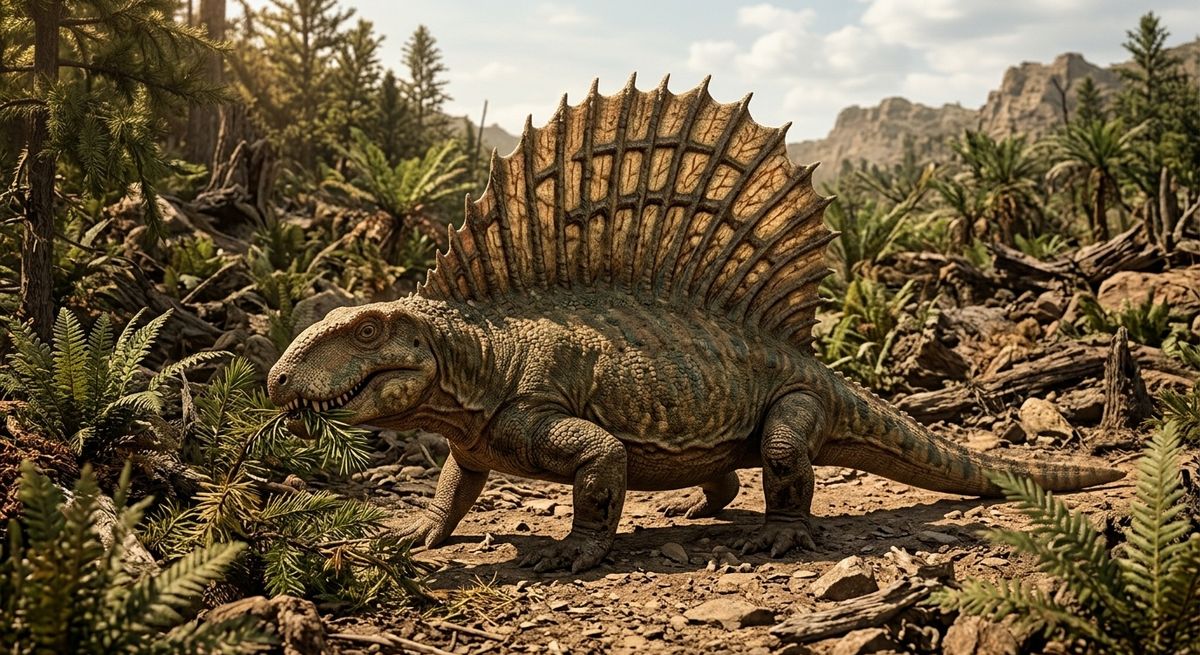 Illustration: Edaphosaurus in seinem Lebensraum.