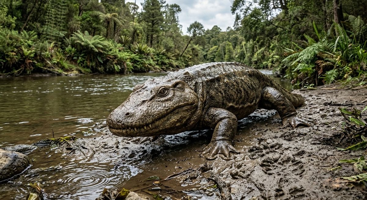 Illustration: Eryops megacephalus in seinem Lebensraum.
