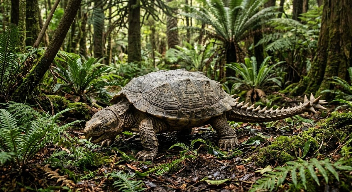 Illustration: Proganochelys quenstedtii in seinem Lebensraum.