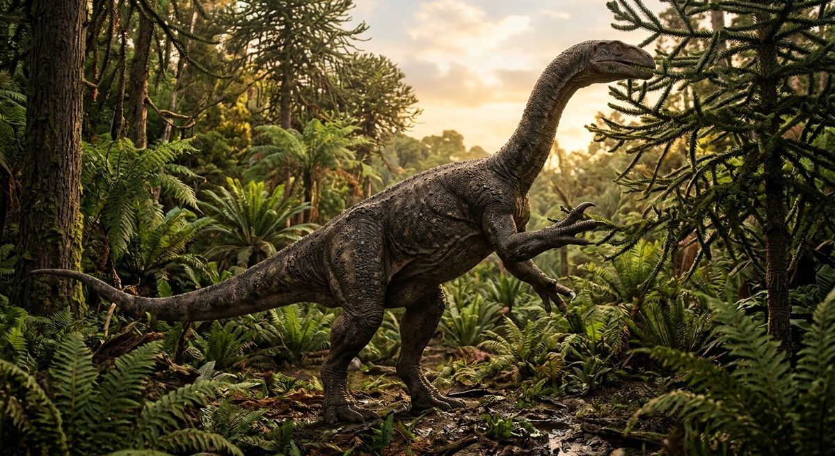 Illustration: Plateosaurus trossingensis in seinem Lebensraum.